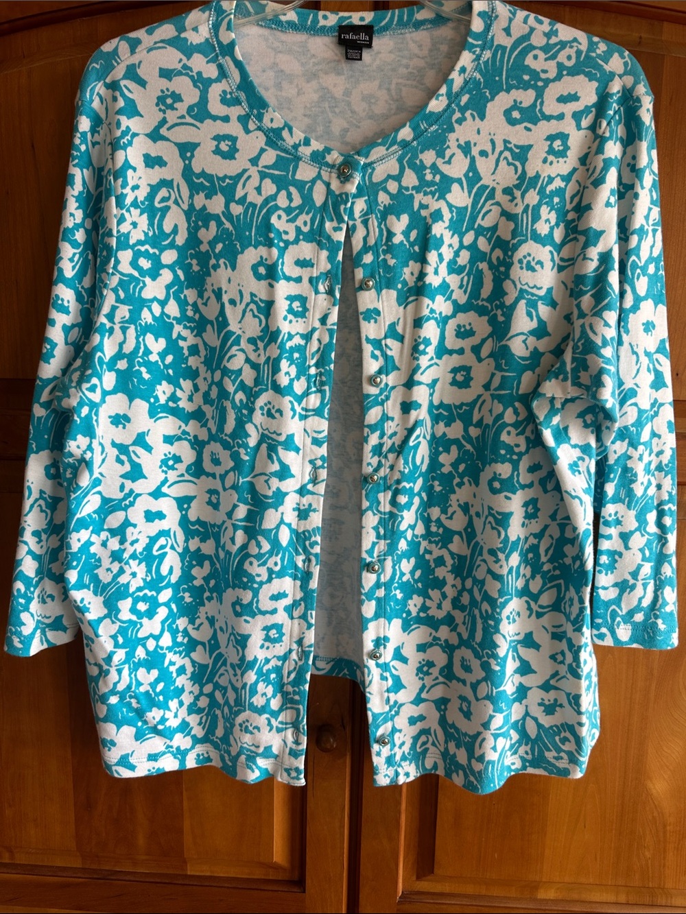 Rafaella 2X Turquoise and White 100% Cotton, Floral Button-Front Cardigan